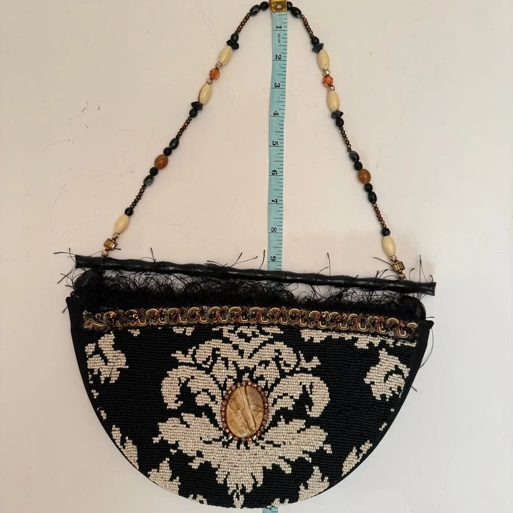 Mary Frances Fully Beaded Semi-Circle Clutch Bag Feather Trim Wood Handle - Picture 10 of 12